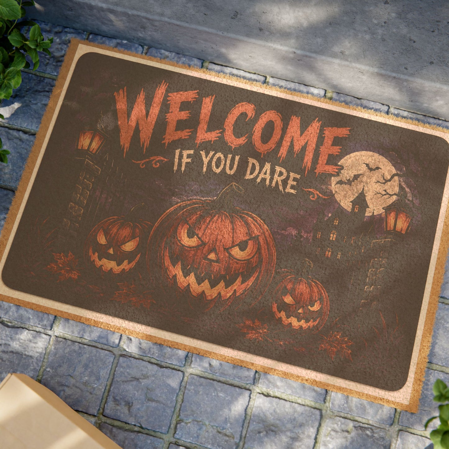 Halloween "Welcome If You Dare" Doormat — Spooky Pumpkin Entrance Mat