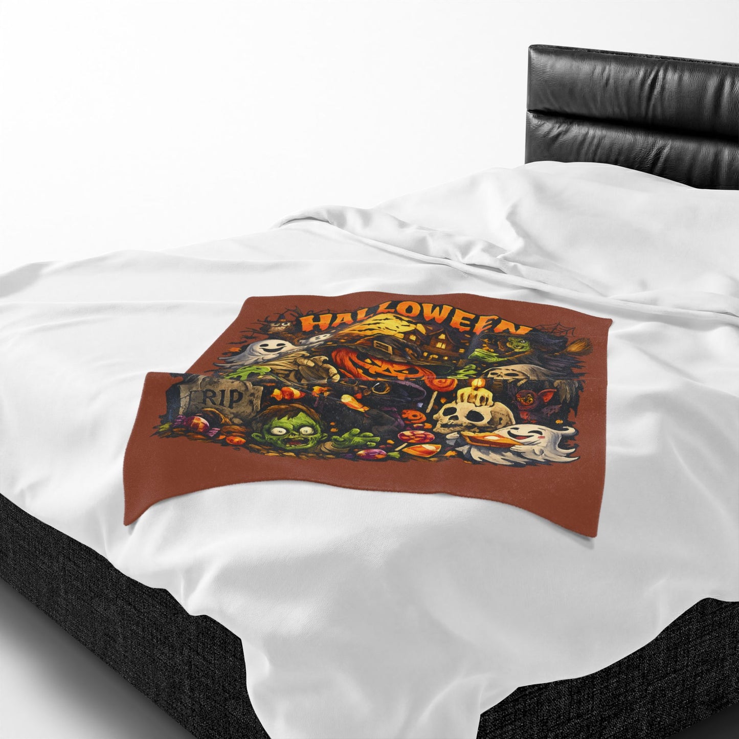 Halloween Velveteen Plush Blanket — Cute Spooky Pumpkin, Ghosts & Skeletons Throw