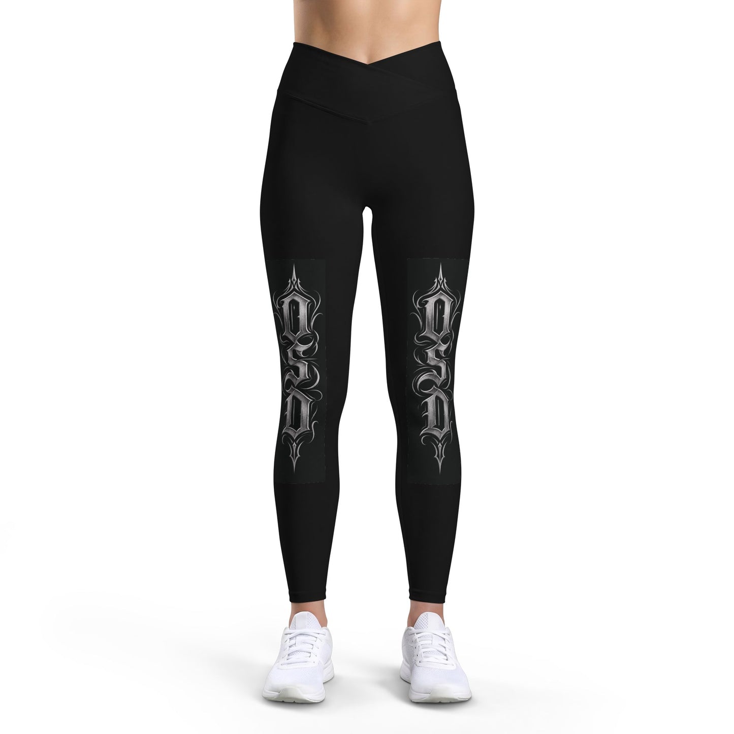Gothic Script Leggings — Black Women’s High-Waist Athletic Pants