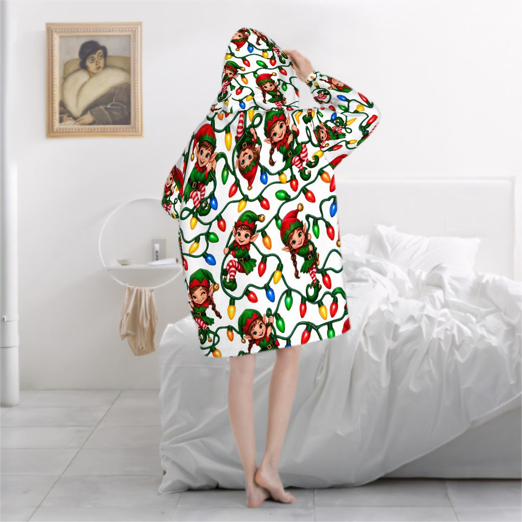 Adult Blanket Hoodie Cute Elves Tangled in Christmas Lights