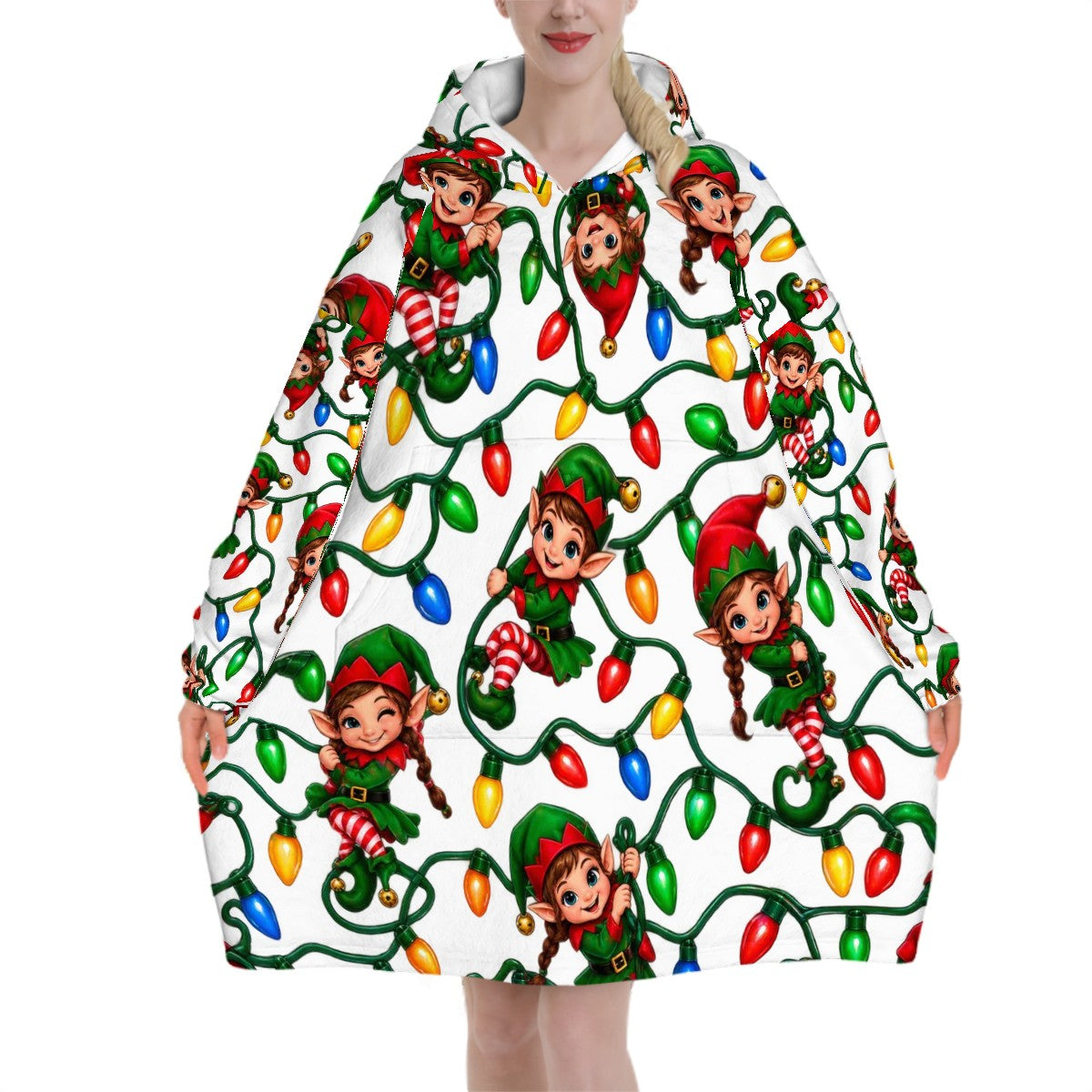 Adult Blanket Hoodie Cute Elves Tangled in Christmas Lights