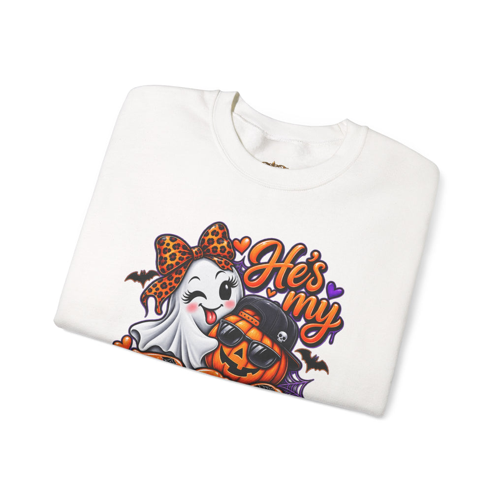 Sweatshirt — "He's My Boo Thing" Halloween Ghost & Jack-O'-Lantern Crewneck