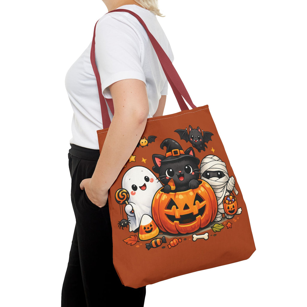 Halloween Cute Cat Pumpkin Tote Bag — Trick-or-Treat Witch Cat & Mummy Design