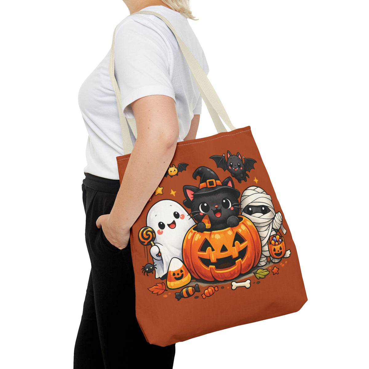 Halloween Cute Cat Pumpkin Tote Bag — Trick-or-Treat Witch Cat & Mummy Design