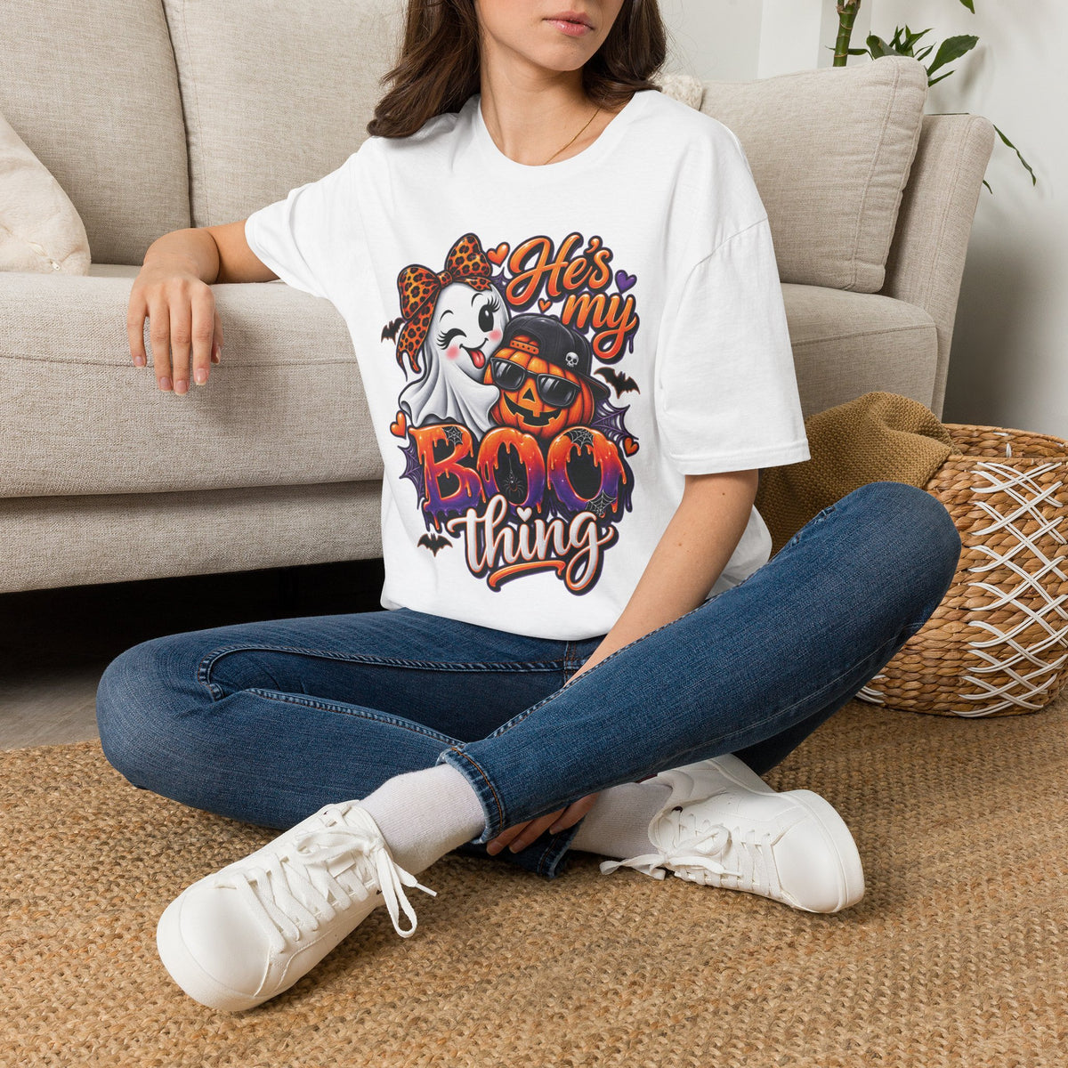 Halloween "He's My Boo Thing" T-Shirt — Cute Ghost & Pumpkin Couple Tee