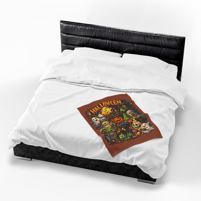 Halloween Velveteen Plush Blanket — Cute Spooky Pumpkin, Ghosts & Skeletons Throw