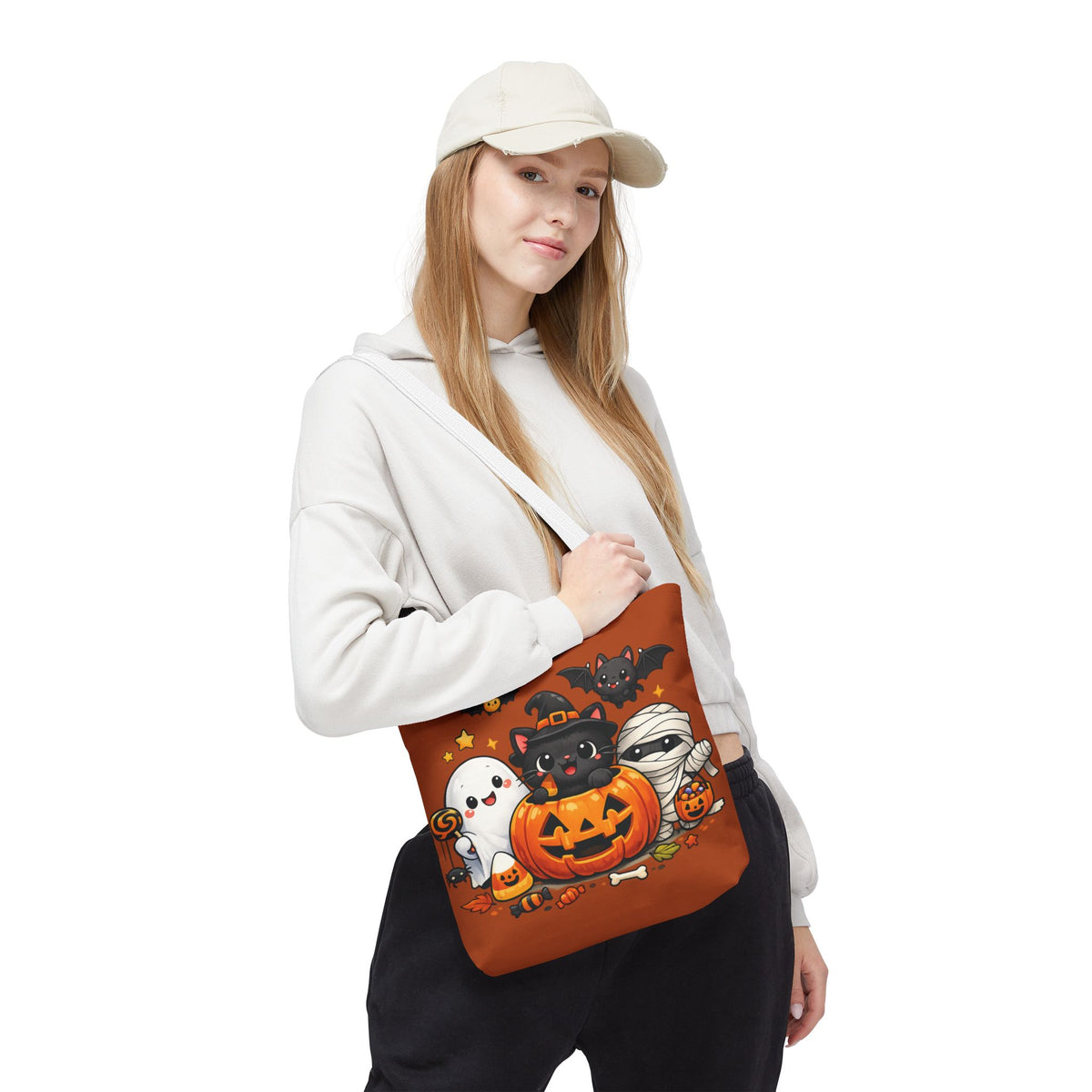Halloween Cute Cat Pumpkin Tote Bag — Trick-or-Treat Witch Cat & Mummy Design