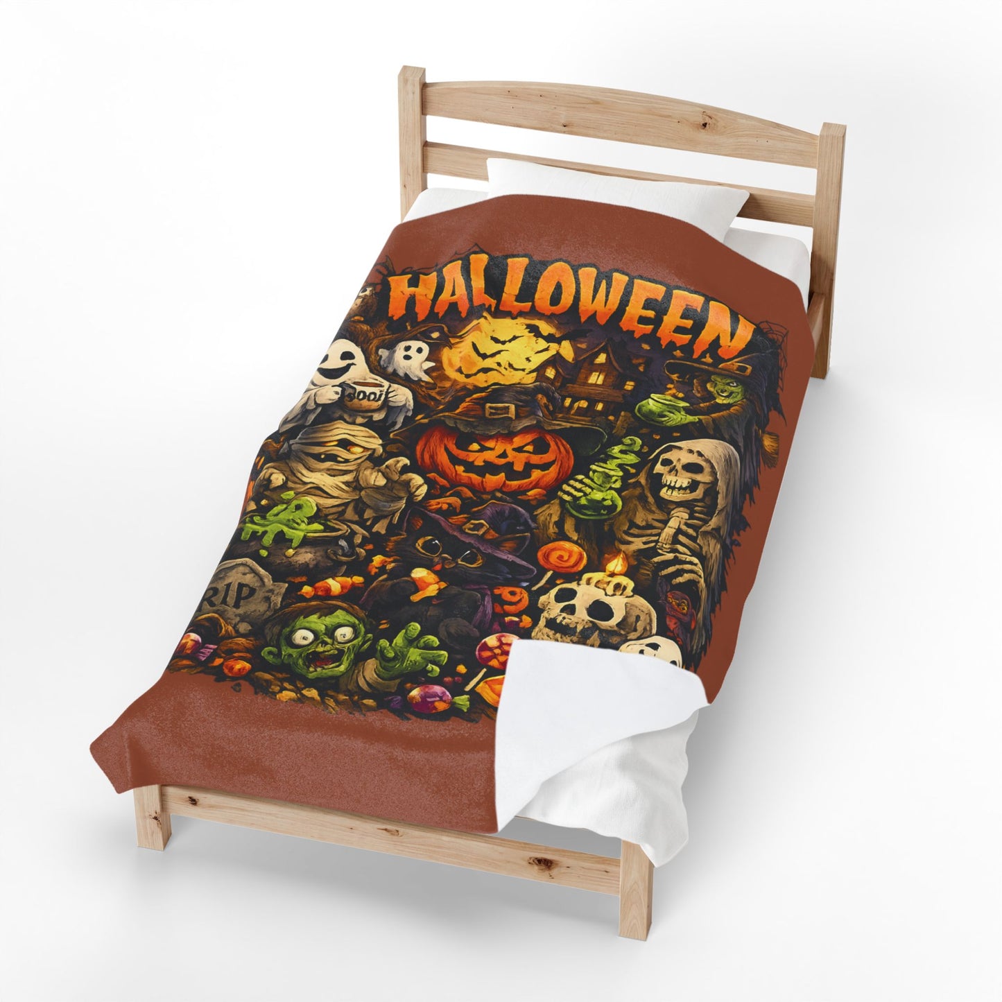 Halloween Velveteen Plush Blanket — Cute Spooky Pumpkin, Ghosts & Skeletons Throw
