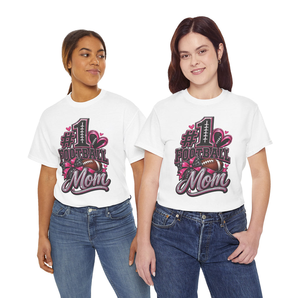 #1 Football Mom T-Shirt — Pink Heart Football Mom Tee for Game Day