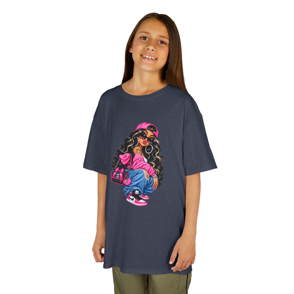 Kids Tee — Cool Girl Graphic Shirt (pink hat, backpack)