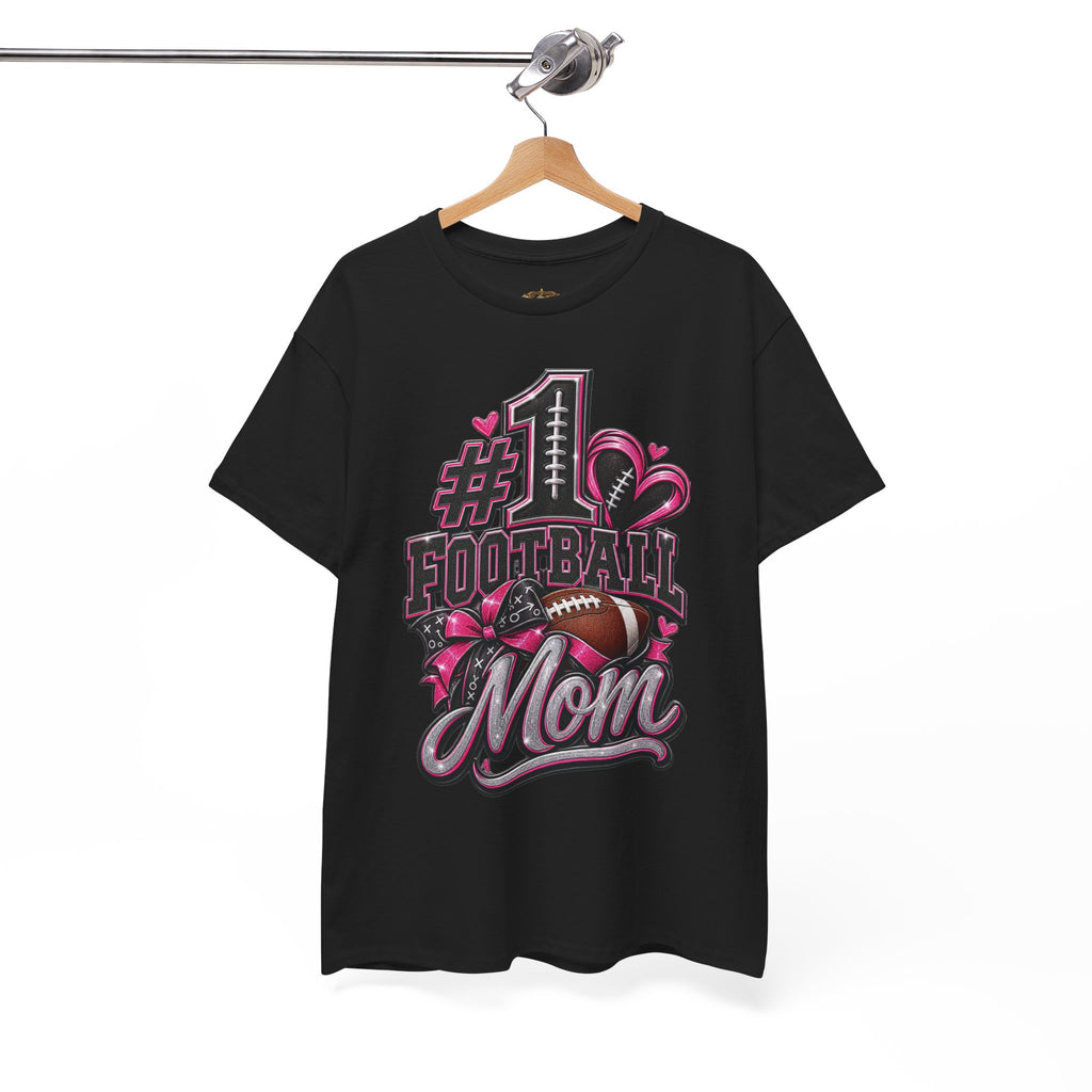 #1 Football Mom T-Shirt — Pink Heart Football Mom Tee for Game Day