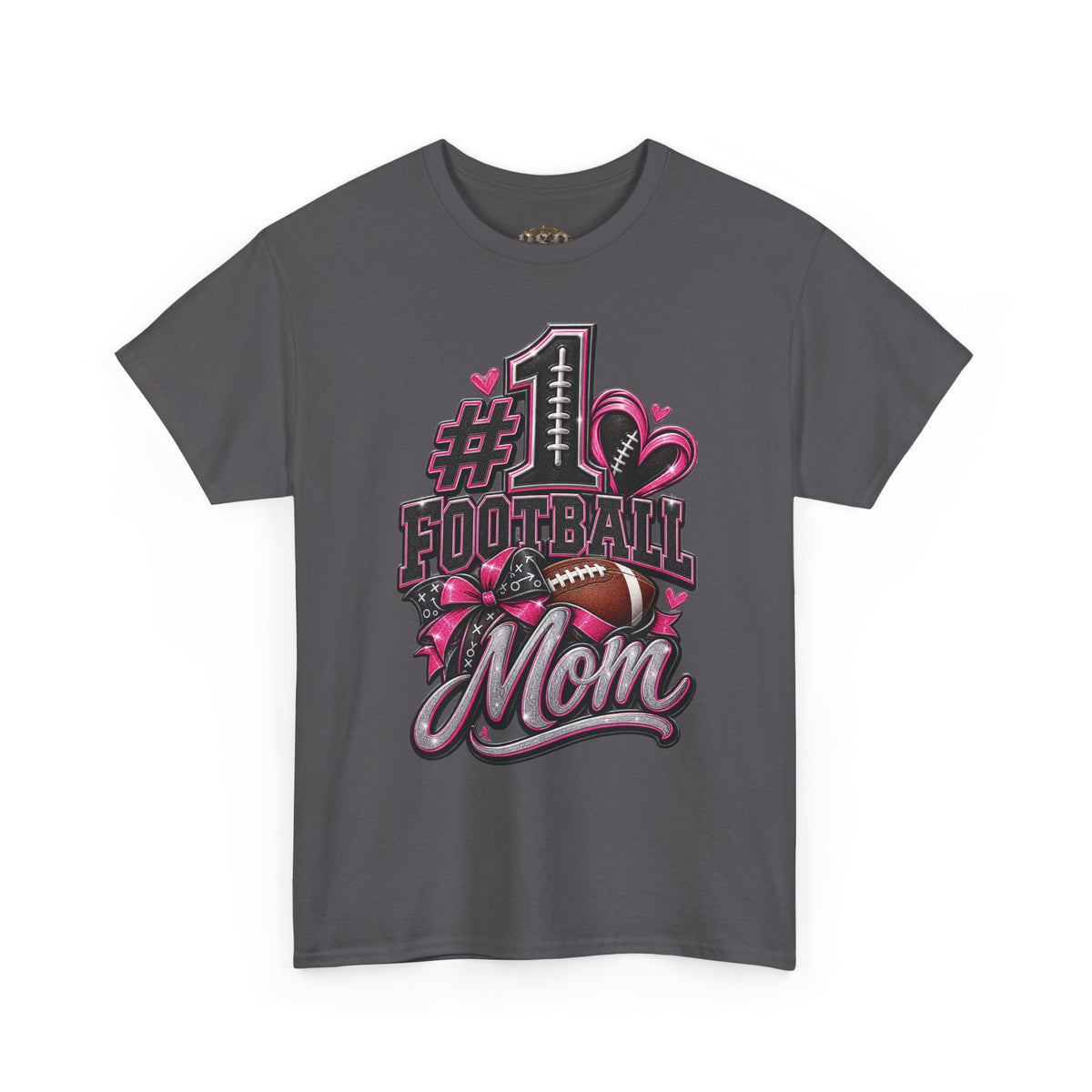 #1 Football Mom T-Shirt — Pink Heart Football Mom Tee for Game Day