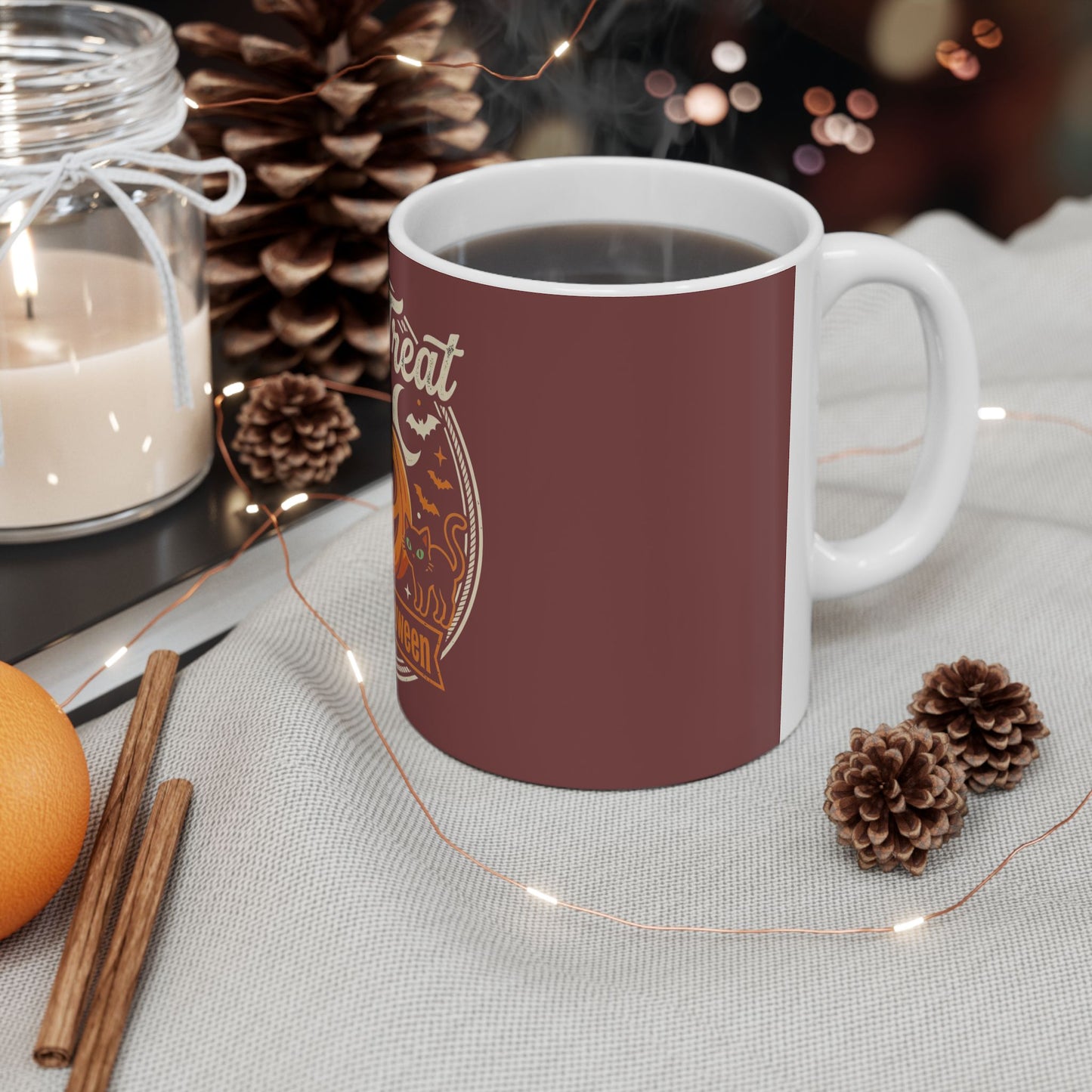 Halloween Trick or Treat Mug — Pumpkin, Ghost & Cat Ceramic Coffee Cup (11oz/15oz)