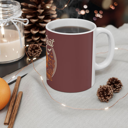 Halloween Trick or Treat Mug — Pumpkin, Ghost & Cat Ceramic Coffee Cup (11oz/15oz)