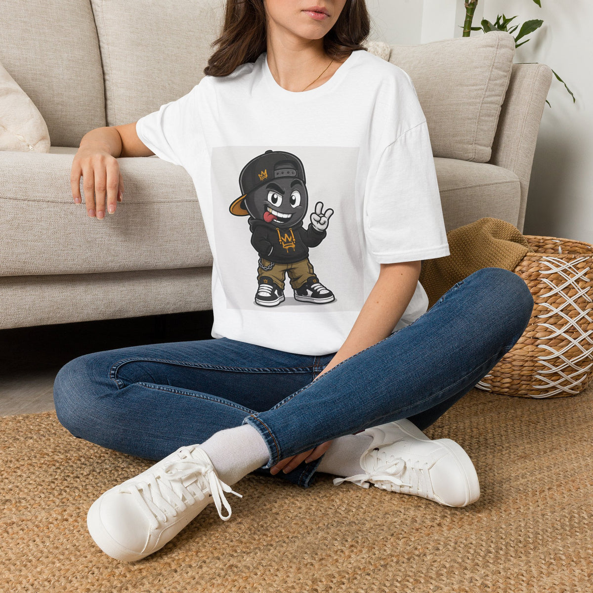 Character Graphic T‑Shirt — Cartoon Peace Sign Streetwear Tee