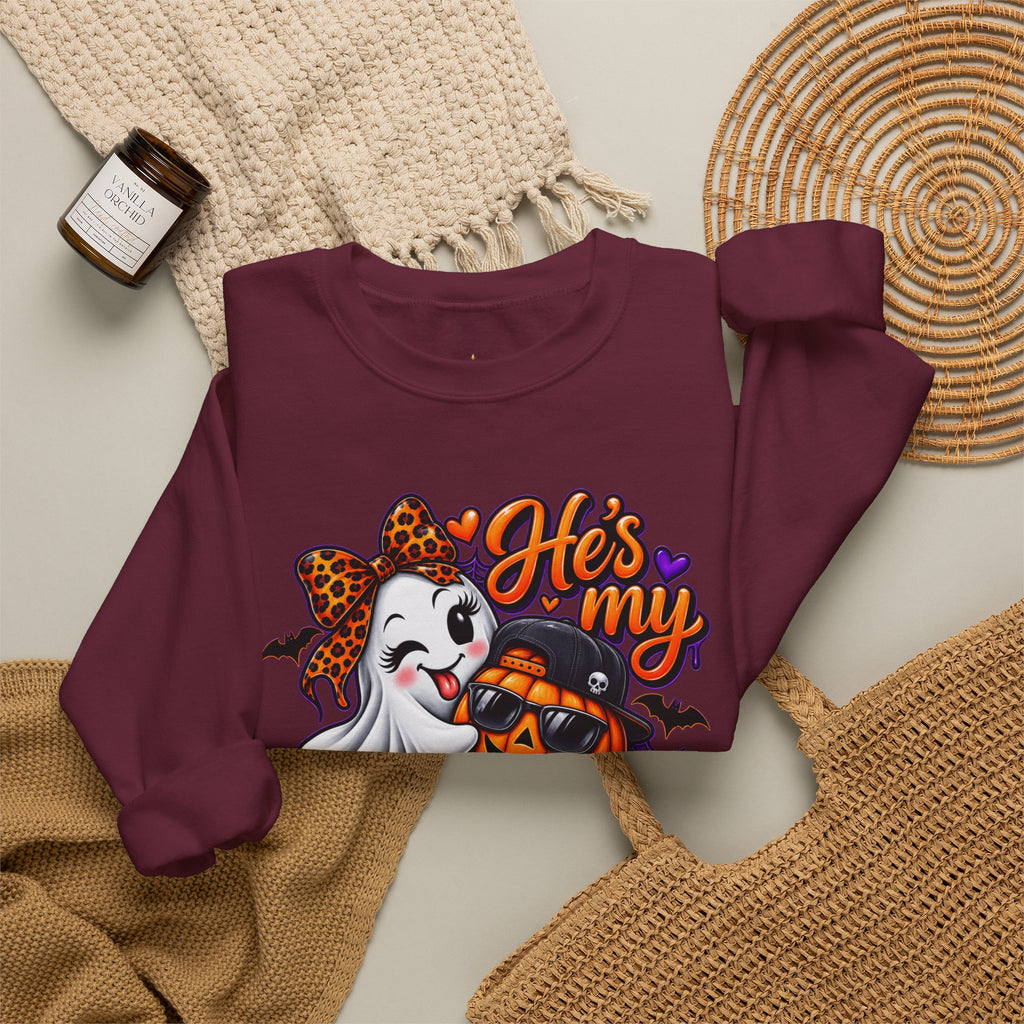 Sweatshirt — "He's My Boo Thing" Halloween Ghost & Jack-O'-Lantern Crewneck