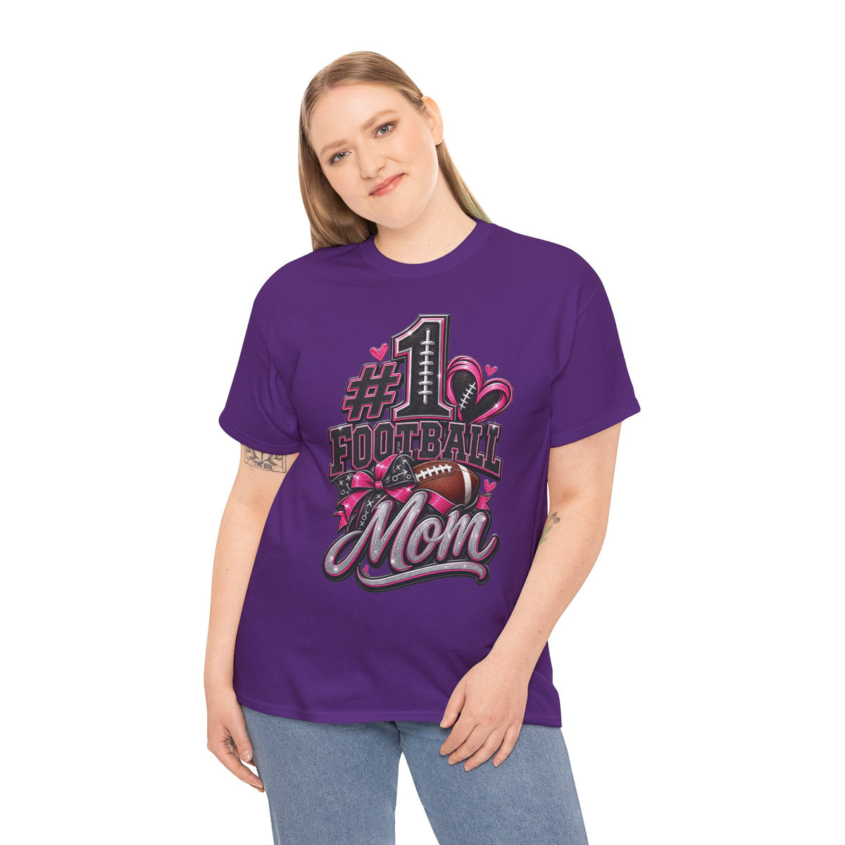 #1 Football Mom T-Shirt — Pink Heart Football Mom Tee for Game Day