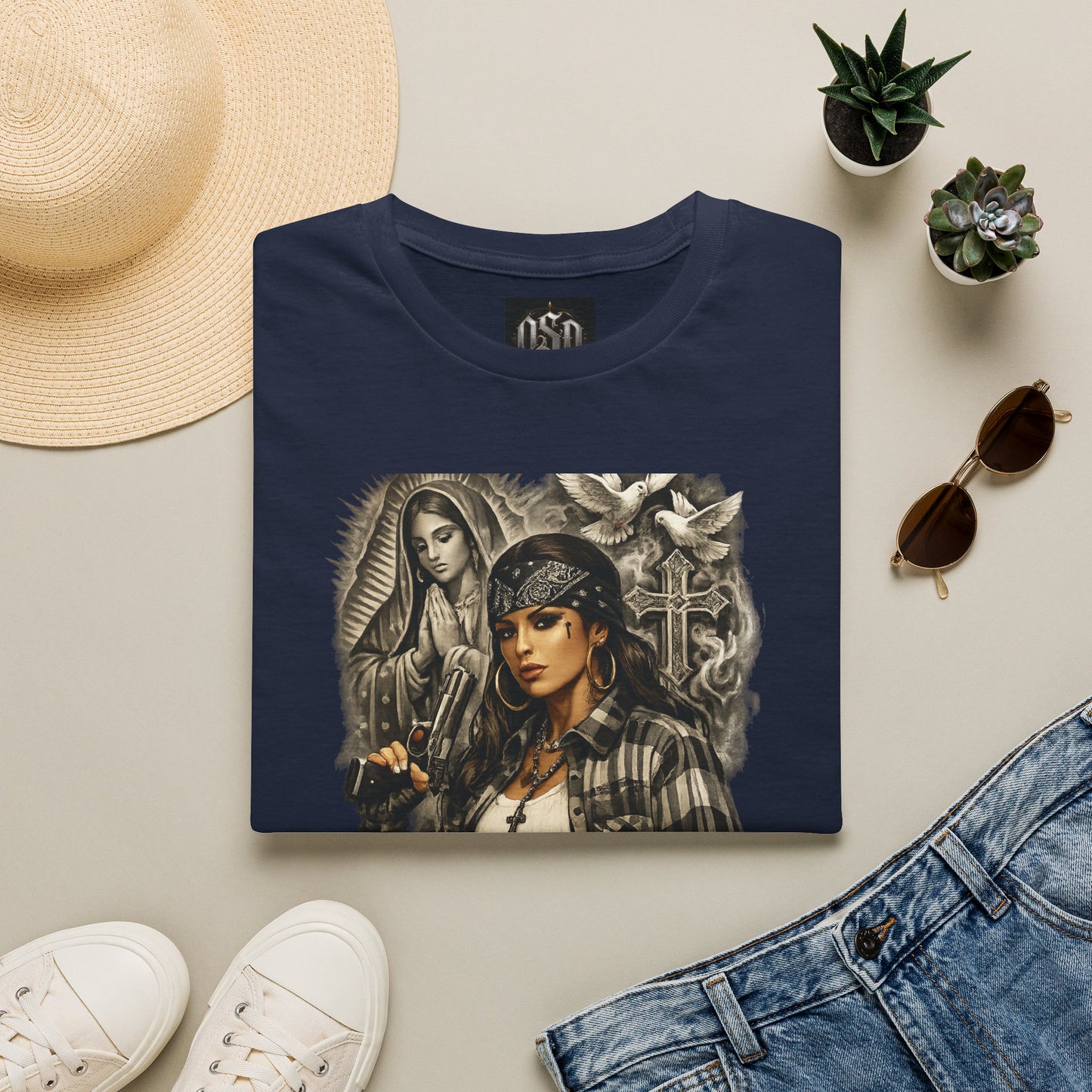 Chicana Lowrider Art T-Shirt – Virgen & Cholo Girl Vintage Streetwear