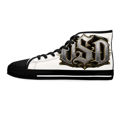 Women's High Top Sneakers — Gothic Monogram Black & Gold Vintage Initials