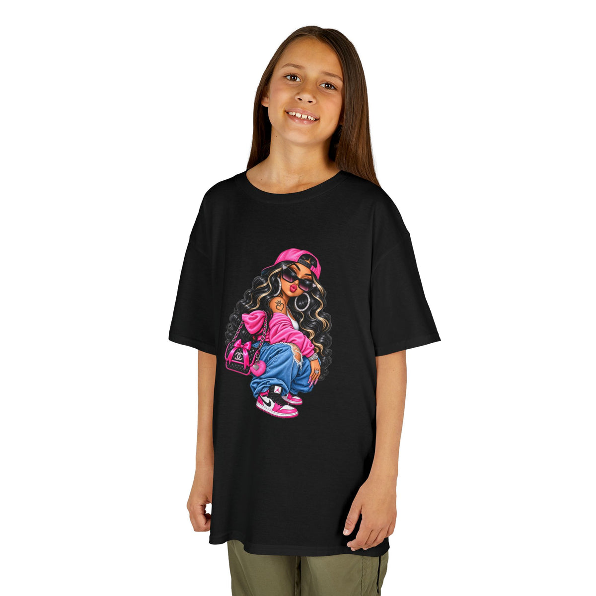 Kids Tee — Cool Girl Graphic Shirt (pink hat, backpack)