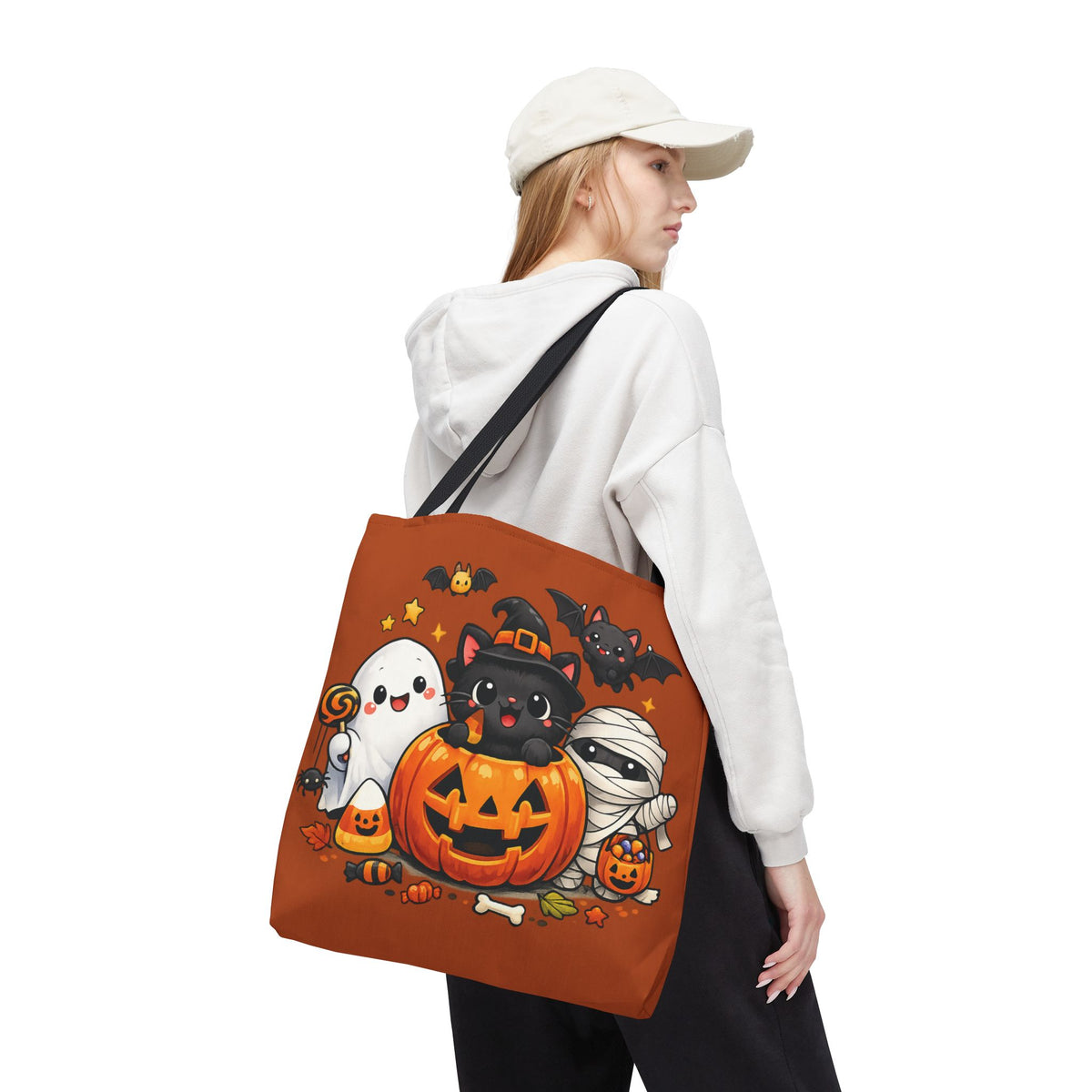 Halloween Cute Cat Pumpkin Tote Bag — Trick-or-Treat Witch Cat & Mummy Design