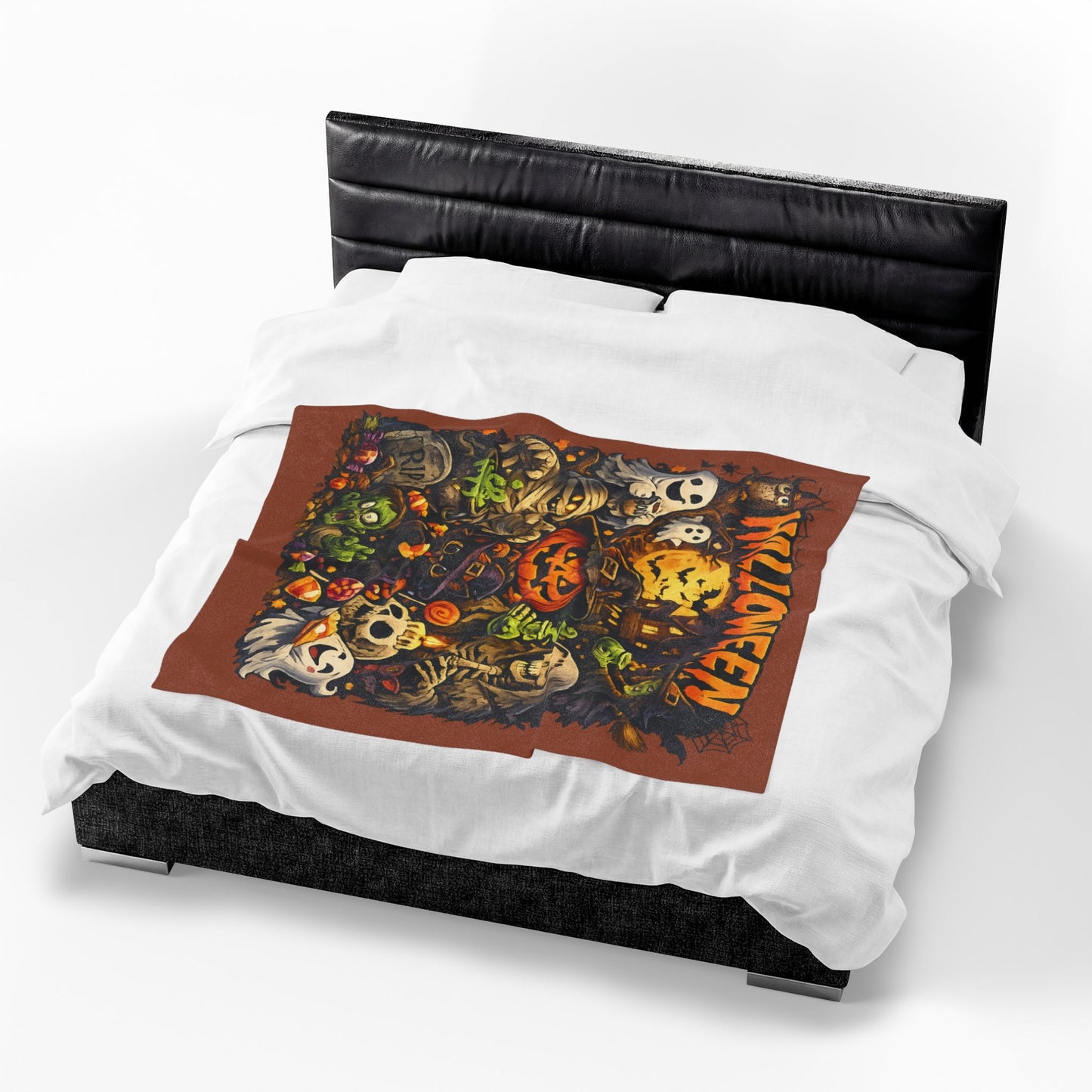 Halloween Velveteen Plush Blanket — Cute Spooky Pumpkin, Ghosts & Skeletons Throw