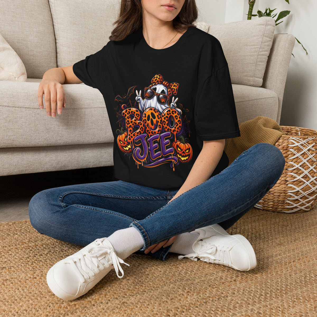 Ghost Boo Leopard Halloween T-Shirt — 'Boo' Graphic Pumpkin Bat Tee