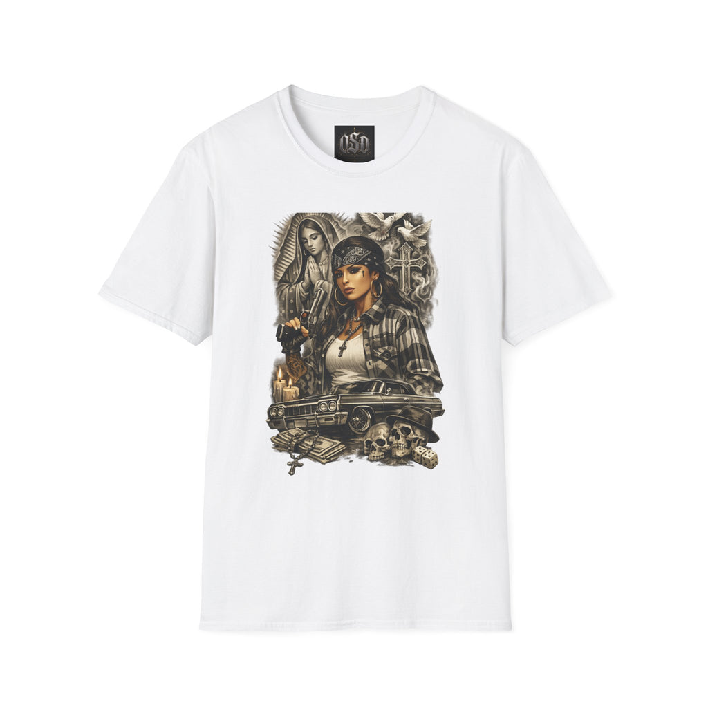 Chicana Lowrider Art T-Shirt – Virgen & Cholo Girl Vintage Streetwear