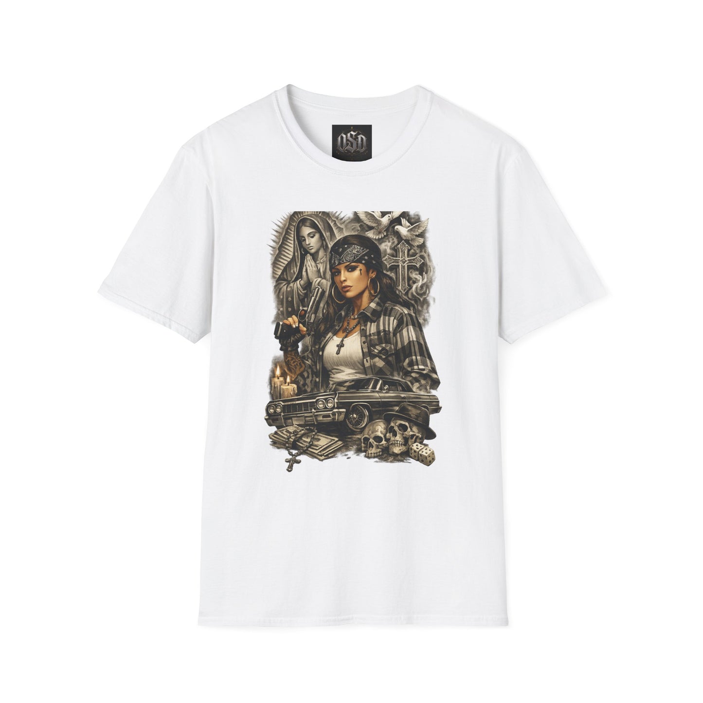 Chicana Lowrider Art T-Shirt – Virgen & Cholo Girl Vintage Streetwear