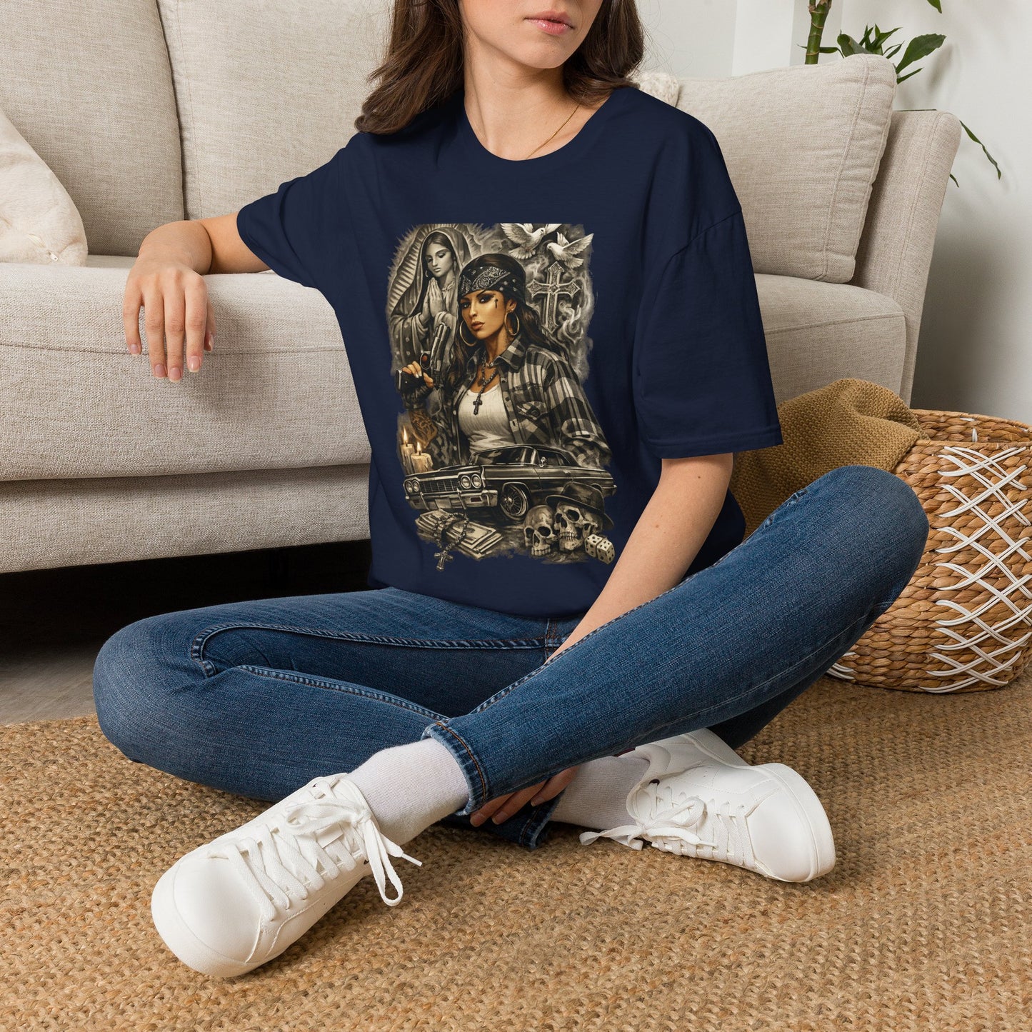 Chicana Lowrider Art T-Shirt – Virgen & Cholo Girl Vintage Streetwear