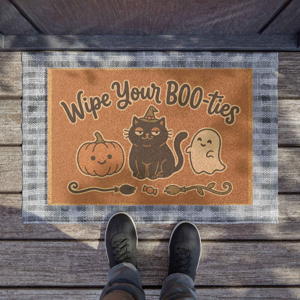 Doormat — "Wipe Your BOO-ties" Halloween Cat, Pumpkin & Ghost Welcome Mat