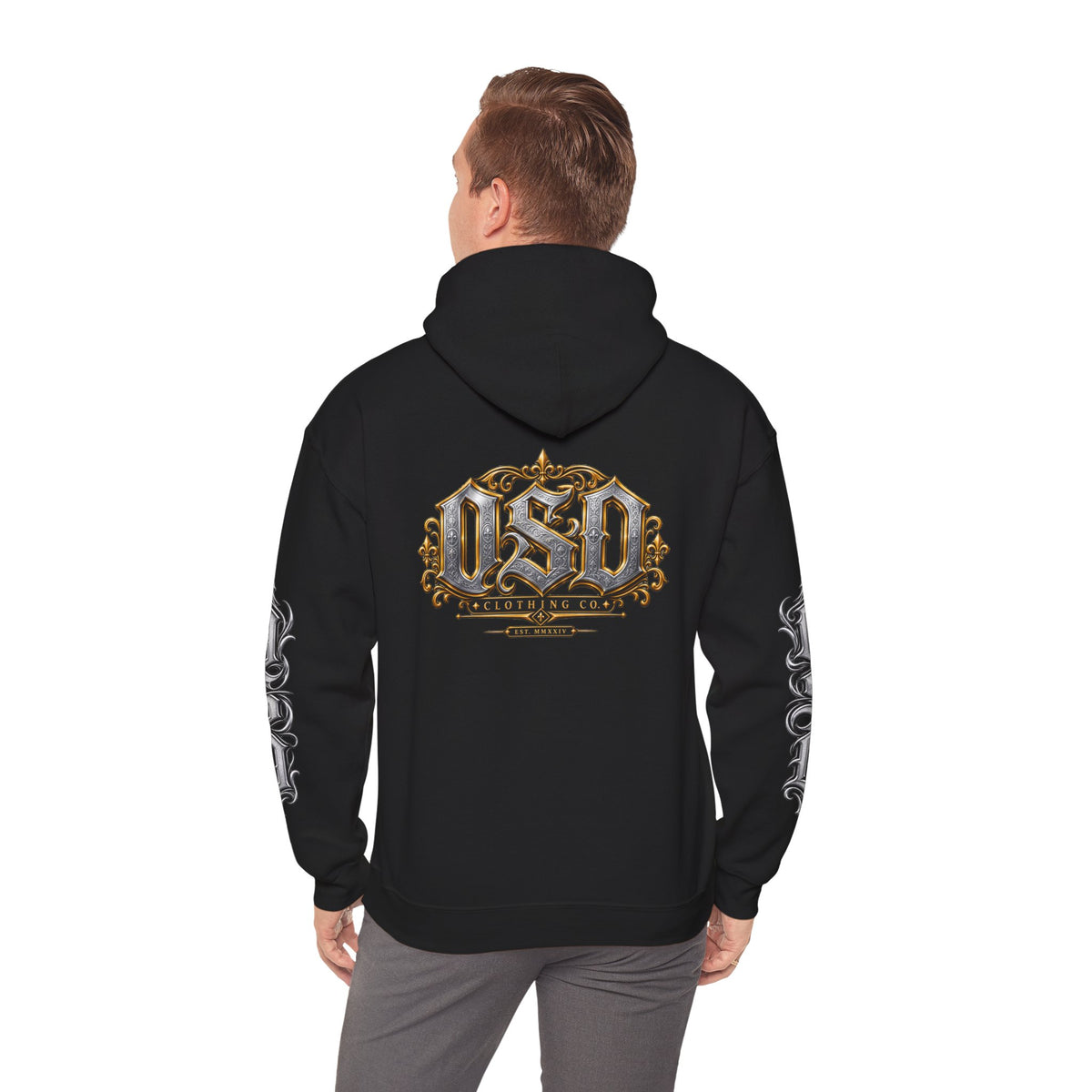 Hoodie — Ornate Gothic "OSD" Logo Sleeve & Back Streetwear Hoodie