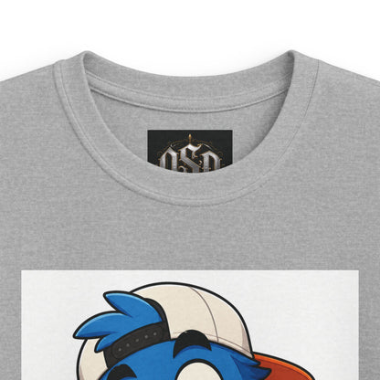 Kids Tee — Blue Cartoon Character Peace Sign Graphic Shirt