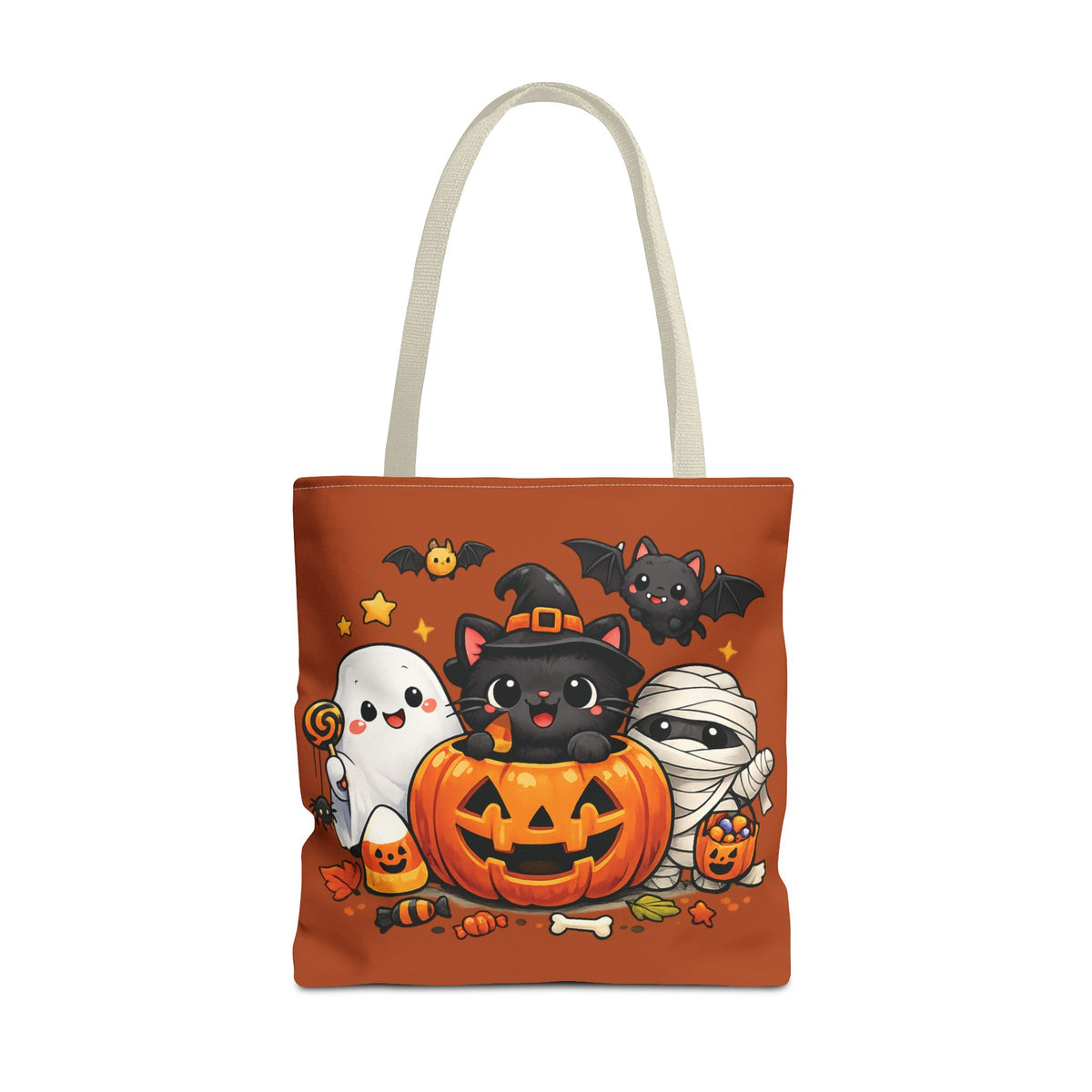 Halloween Cute Cat Pumpkin Tote Bag — Trick-or-Treat Witch Cat & Mummy Design