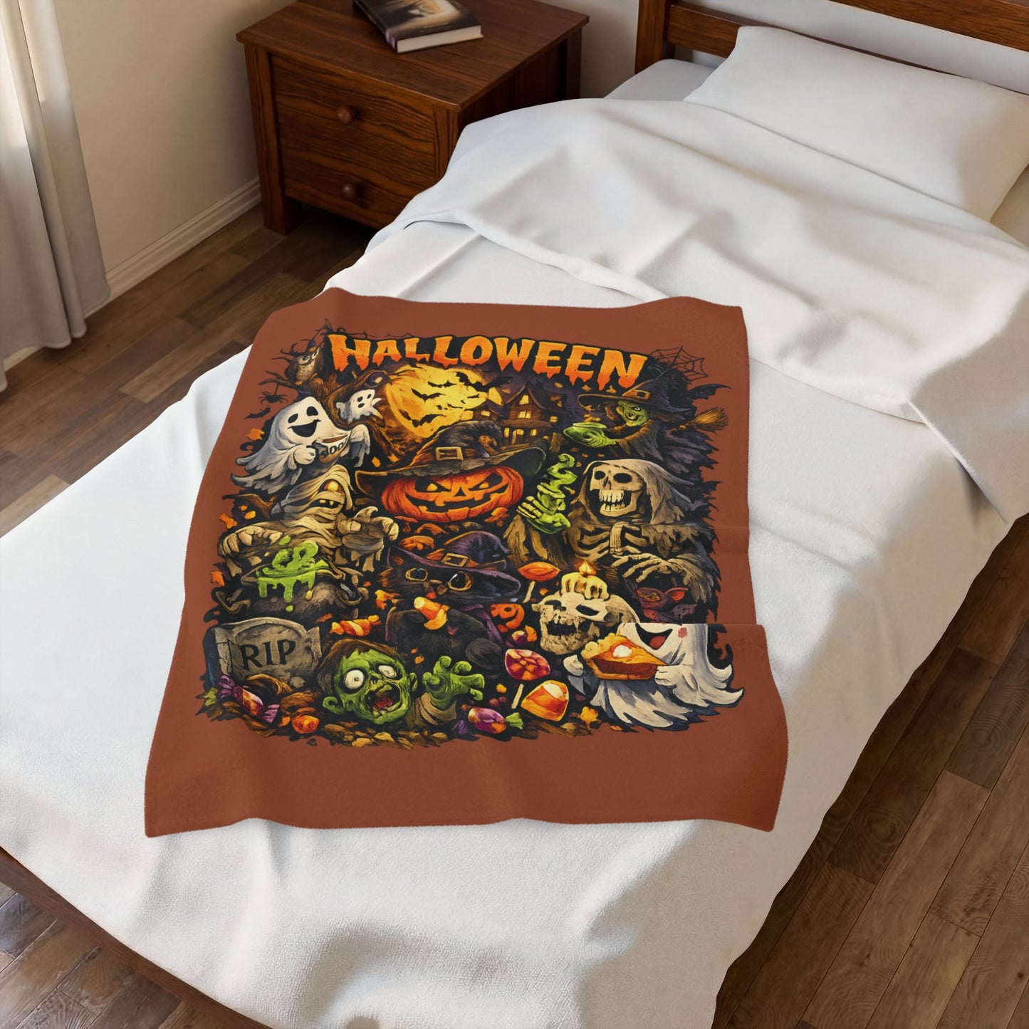 Halloween Velveteen Plush Blanket — Cute Spooky Pumpkin, Ghosts & Skeletons Throw