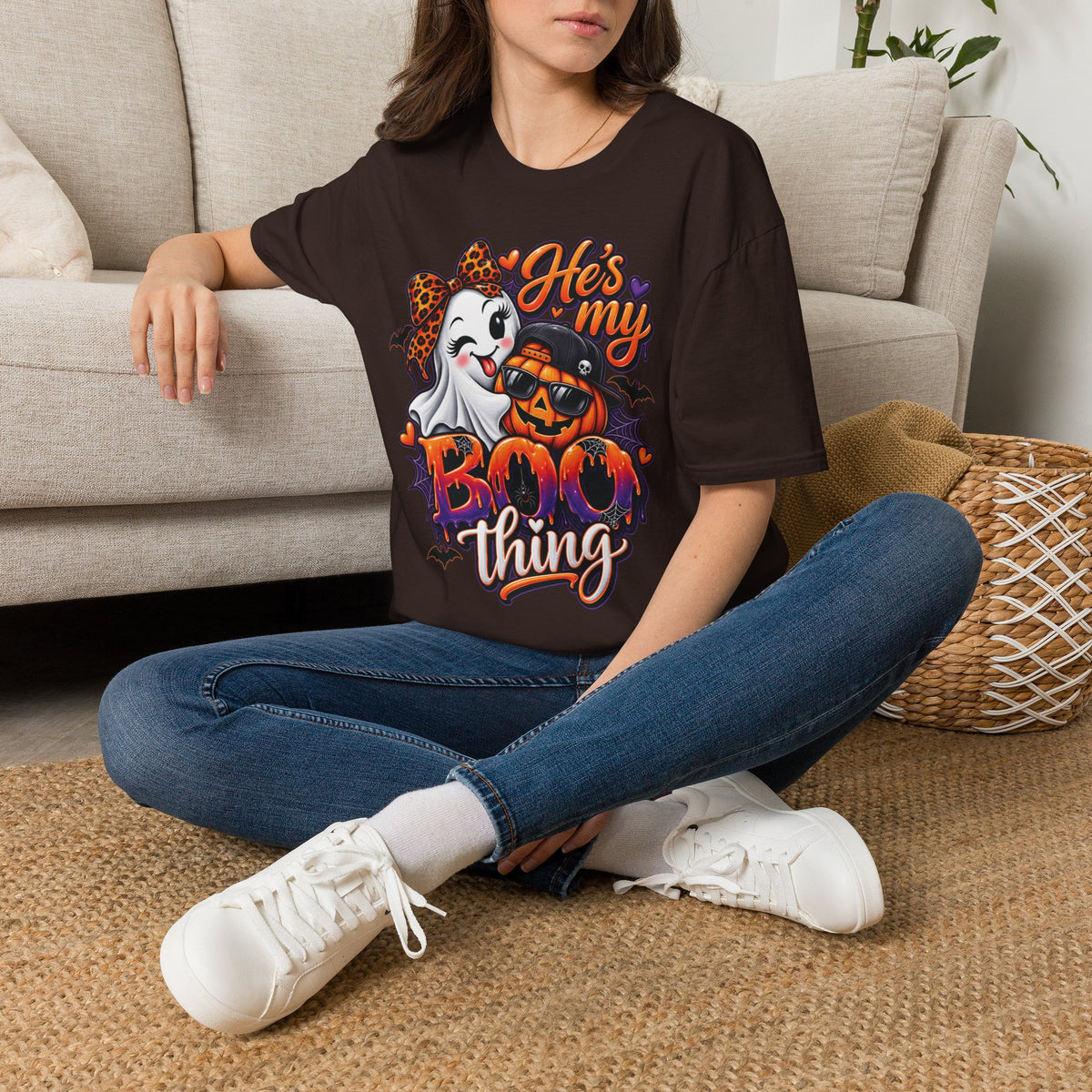 Halloween "He's My Boo Thing" T-Shirt — Cute Ghost & Pumpkin Couple Tee