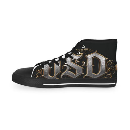 High Top Sneakers — Gothic Lettering Black & Gold Streetwear