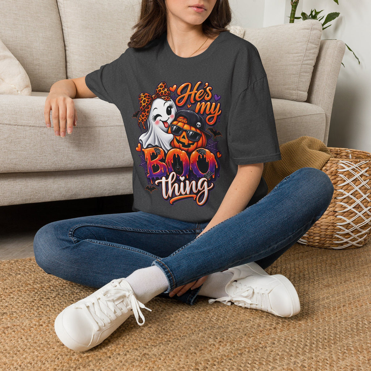 Halloween "He's My Boo Thing" T-Shirt — Cute Ghost & Pumpkin Couple Tee