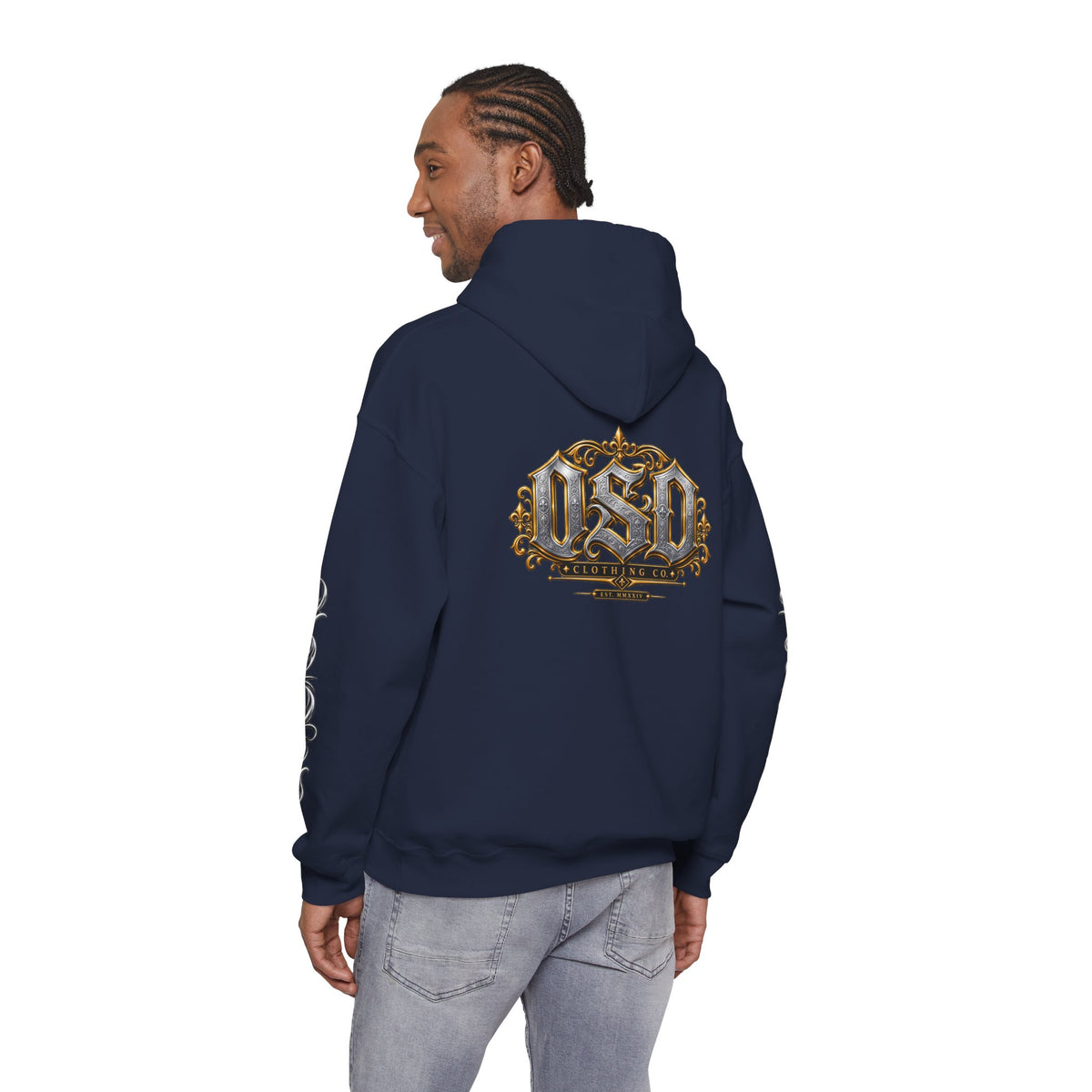 Hoodie — Ornate Gothic "OSD" Logo Sleeve & Back Streetwear Hoodie