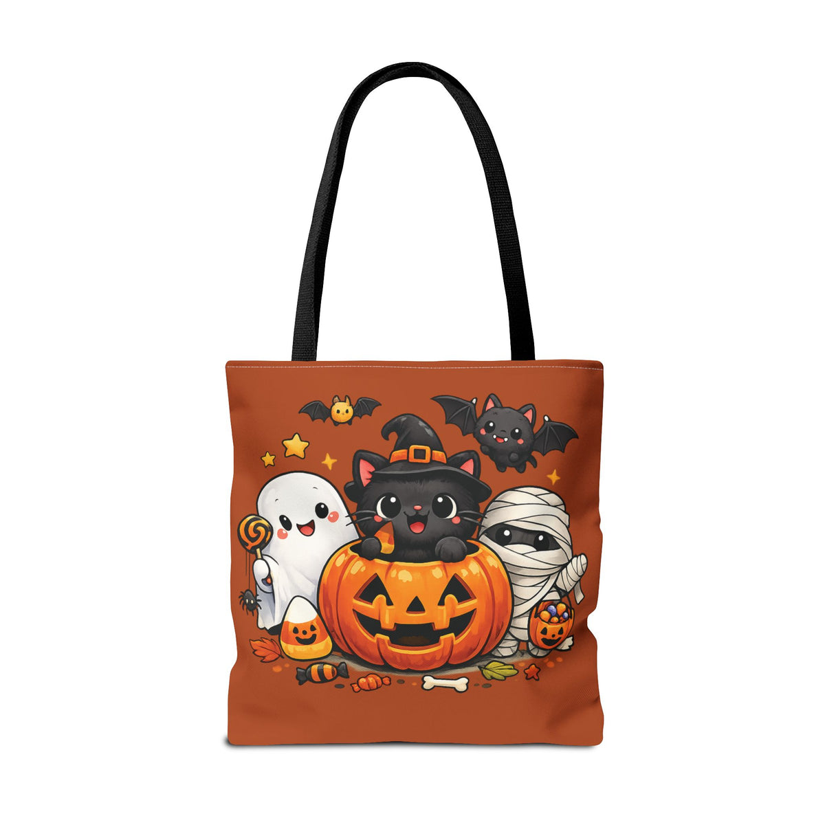 Halloween Cute Cat Pumpkin Tote Bag — Trick-or-Treat Witch Cat & Mummy Design