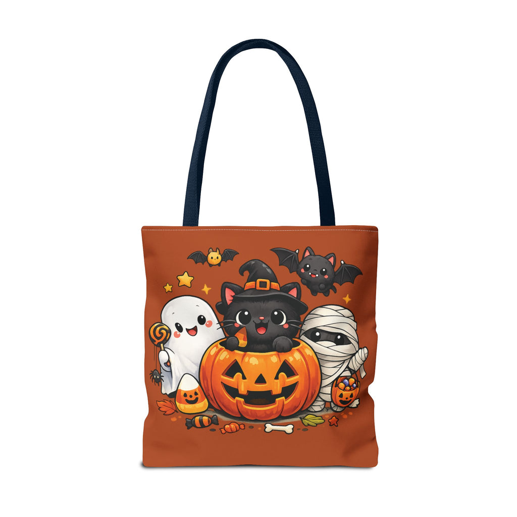 Halloween Cute Cat Pumpkin Tote Bag — Trick-or-Treat Witch Cat & Mummy Design