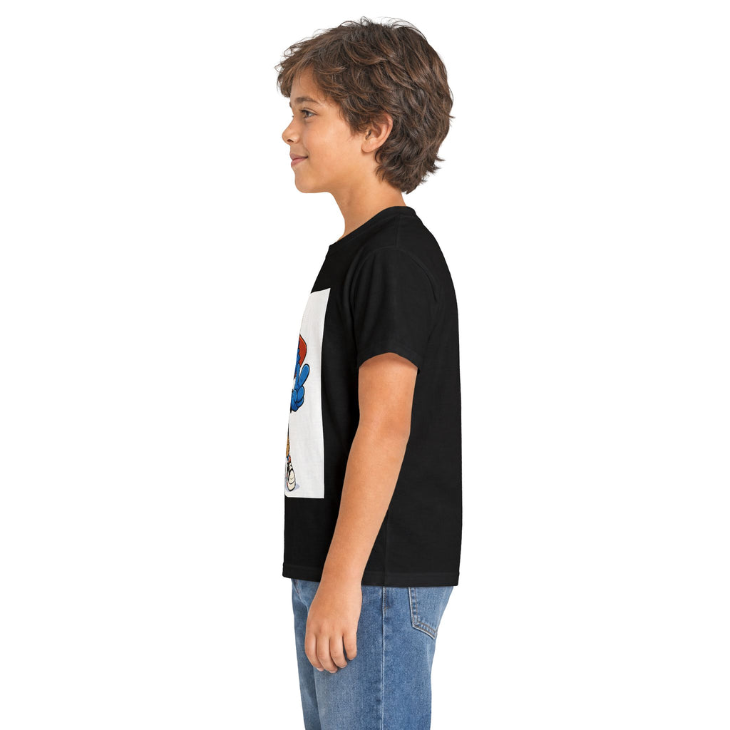 Kids Tee — Blue Cartoon Character Peace Sign Graphic Shirt