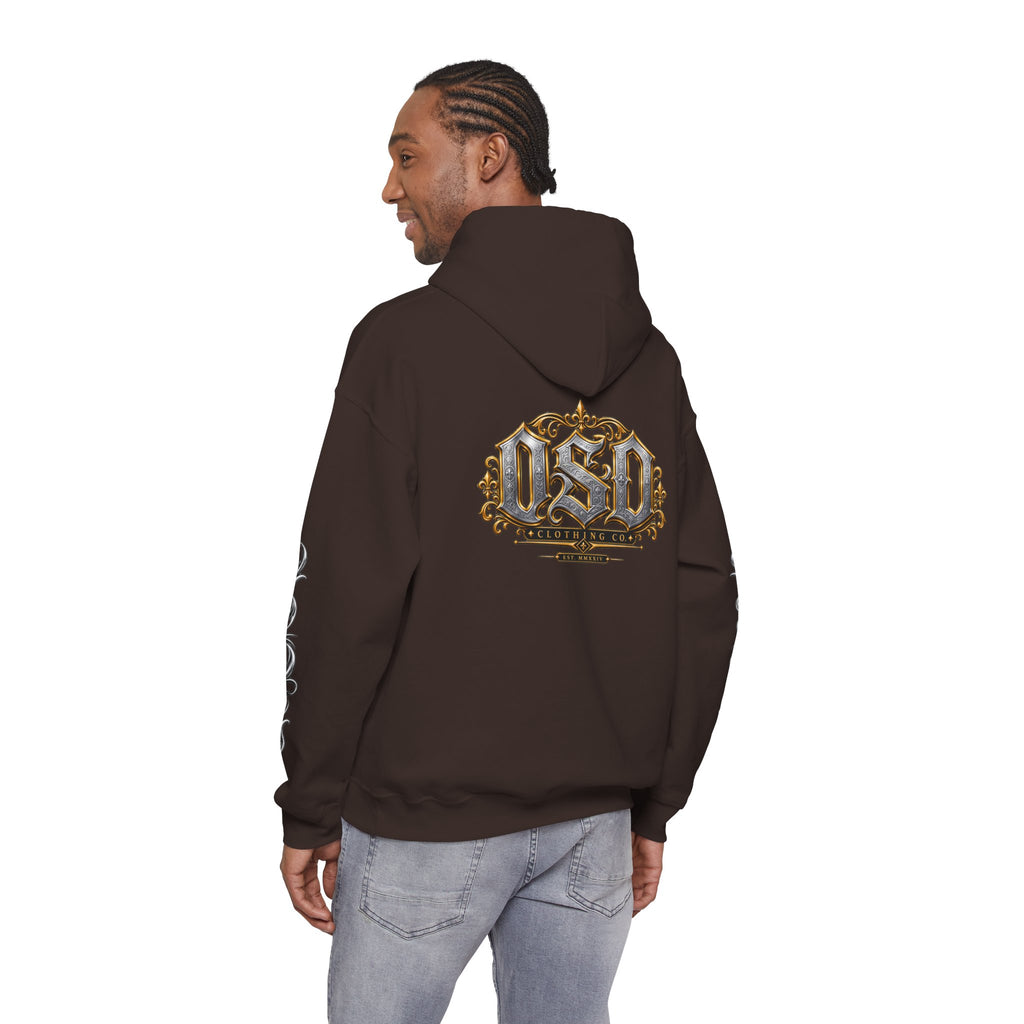 Hoodie — Ornate Gothic "OSD" Logo Sleeve & Back Streetwear Hoodie