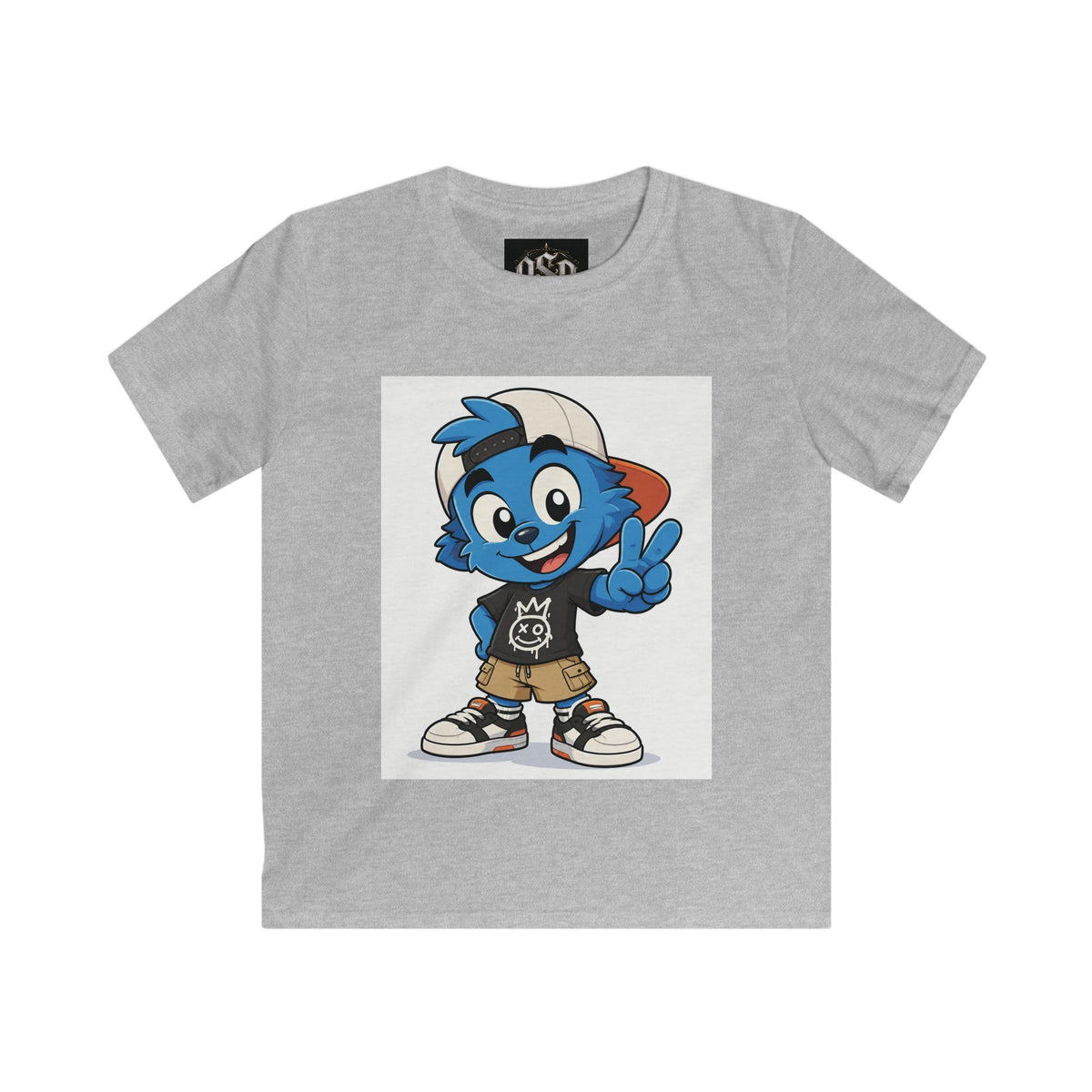 Kids Tee — Blue Cartoon Character Peace Sign Graphic Shirt