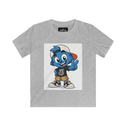 Kids Tee — Blue Cartoon Character Peace Sign Graphic Shirt