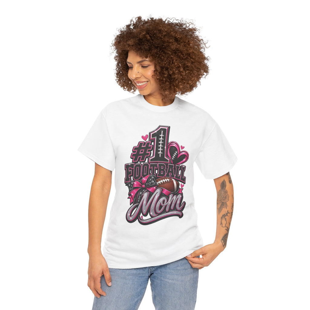 #1 Football Mom T-Shirt — Pink Heart Football Mom Tee for Game Day