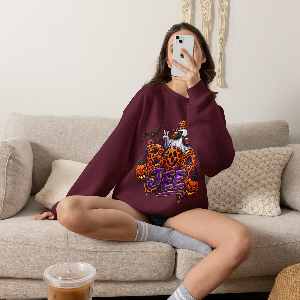 Halloween Ghost Crewneck Sweatshirt — 'Boo Jee' Leopard Pumpkin Graphic
