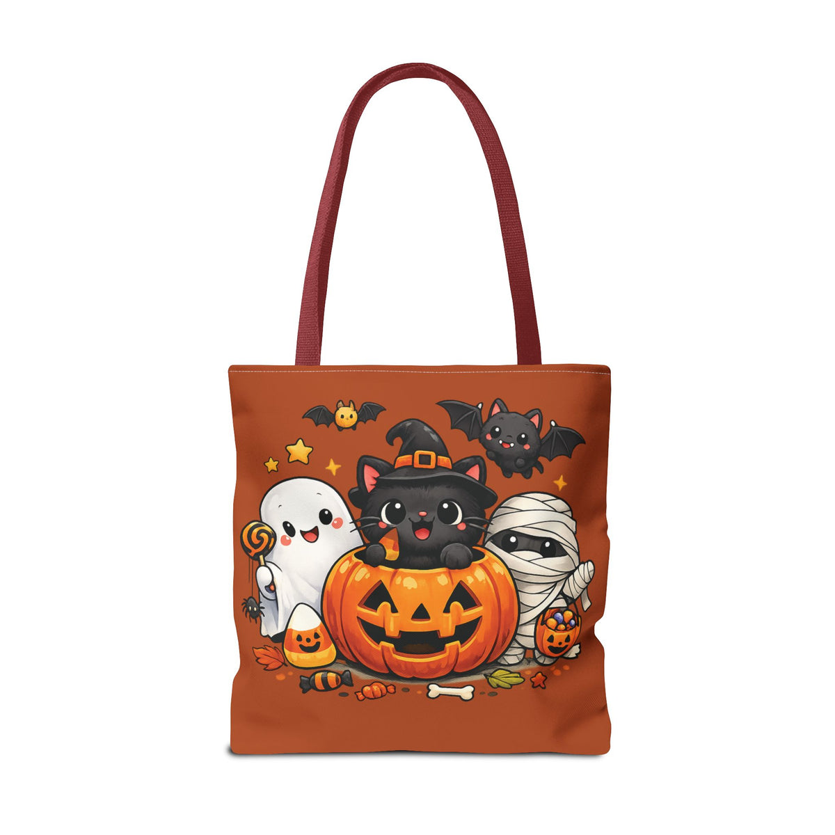 Halloween Cute Cat Pumpkin Tote Bag — Trick-or-Treat Witch Cat & Mummy Design