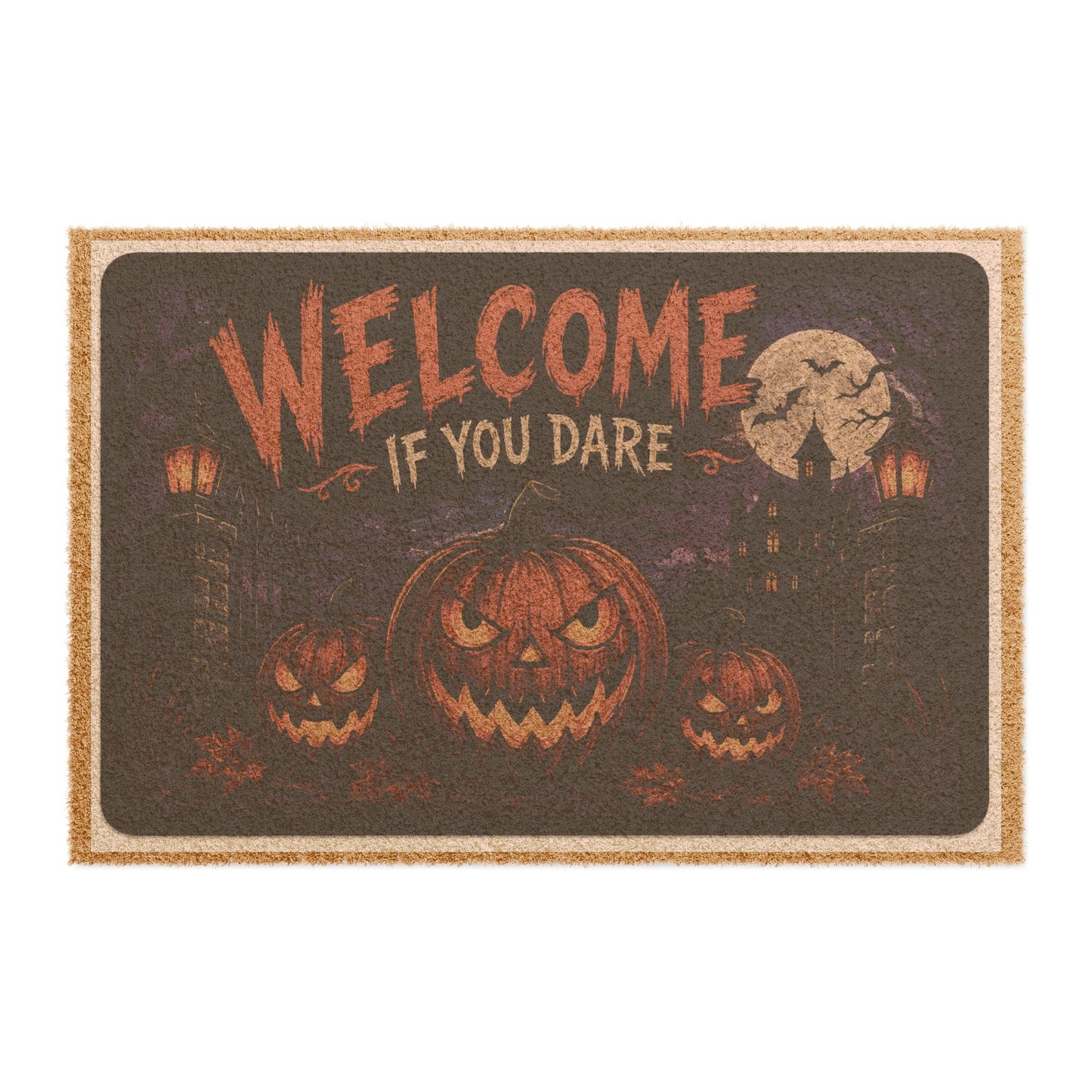 Halloween "Welcome If You Dare" Doormat — Spooky Pumpkin Entrance Mat