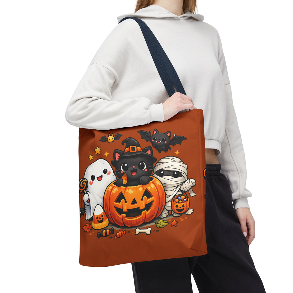 Halloween Cute Cat Pumpkin Tote Bag — Trick-or-Treat Witch Cat & Mummy Design